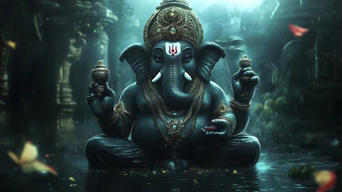 Moonlit Ganesha rises in jeweled mist of a forgotten shrine.