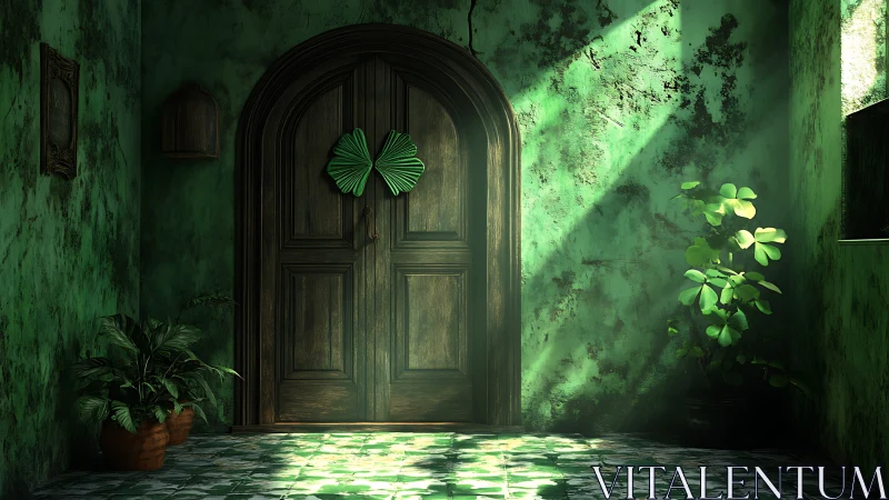 Aged arched wooden door in green atrium with volumetric sunlight