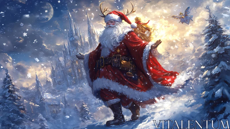 Majestic Santa strides through a moonlit, snowy fantasy realm.