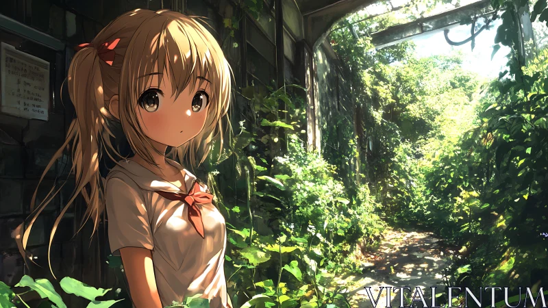 Sunlit anime corridor with overgrown botanical reclamation.