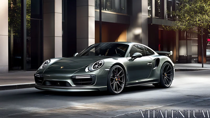 Sleek silver sports car gliding confidently through the city.