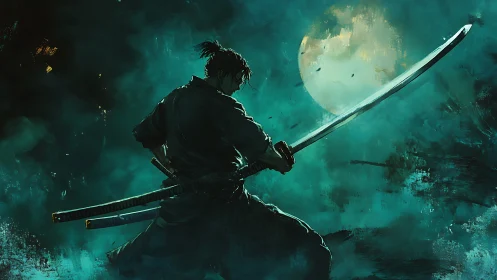 Moonlit samurai poised in teal mist and quiet tension.