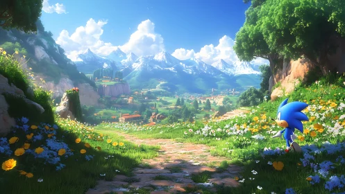 Panoramic alpine valley with stylized hedgehog and dynamic depth of field