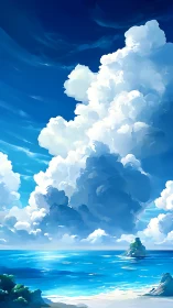 Cumulonimbus shoreline under saturated cyan maritime sky.