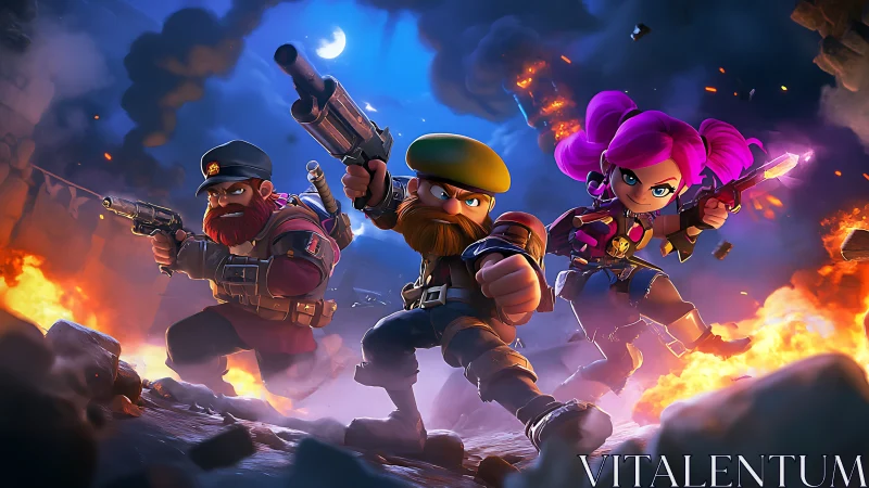 Triadic stylized commandos advancing through explosive ruins.