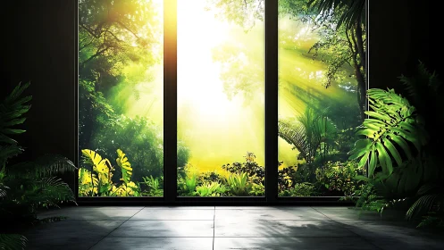 Sunlit rainforest viewed through large floor to ceiling window