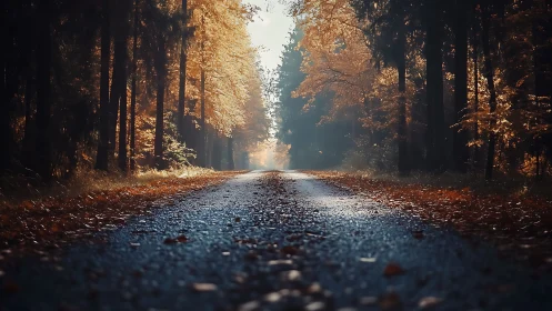 Autumn Forest Road. Golden Light Filters Through Canopy.
