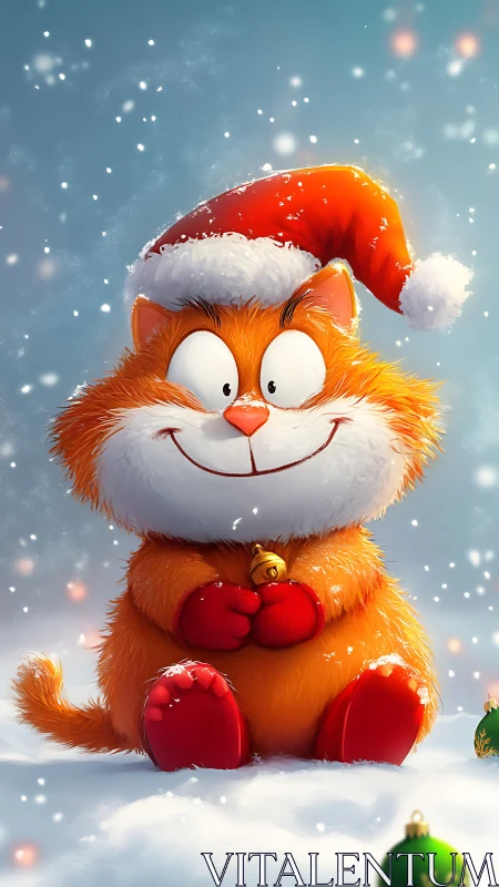 Snow-puffed Santa kitten grinning through the Christmas flurries.