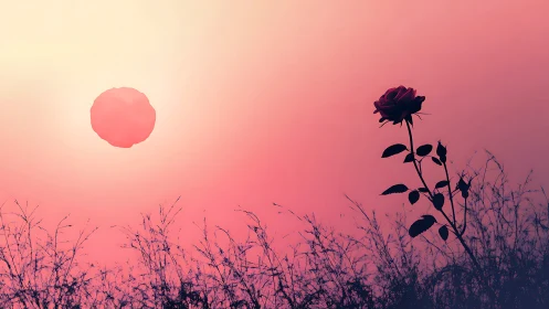 Solitary rose silhouette meets glowing orb over pink field