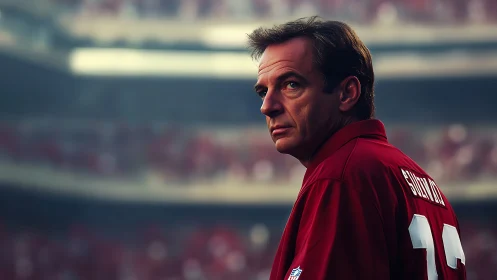 Sideline portrait of focused coach in crimson stadium light.