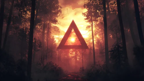 Red triangular geometric form centered within obscured forest environment.
