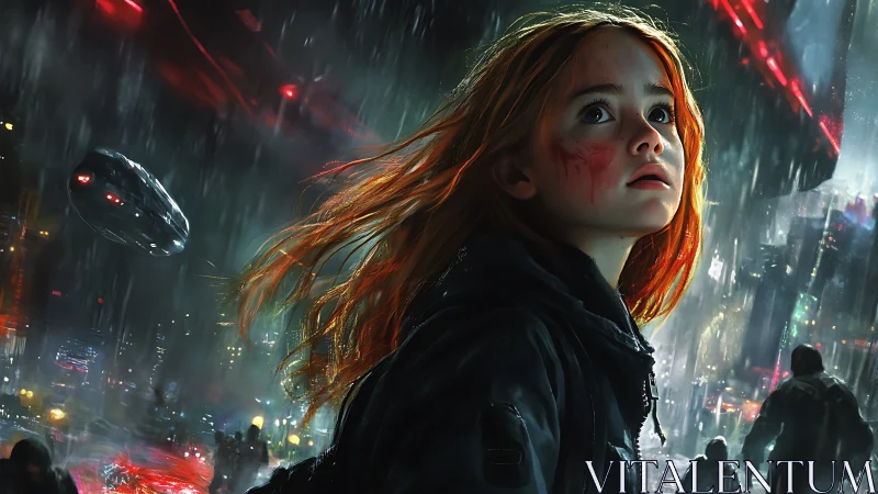 Young survivor scans neon storm city under hostile aerial patrol