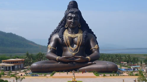 Colossal Shiva statue seated in meditative lotus posture.