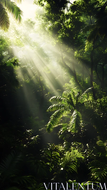 Sunlight penetrating dense tropical forest canopy.