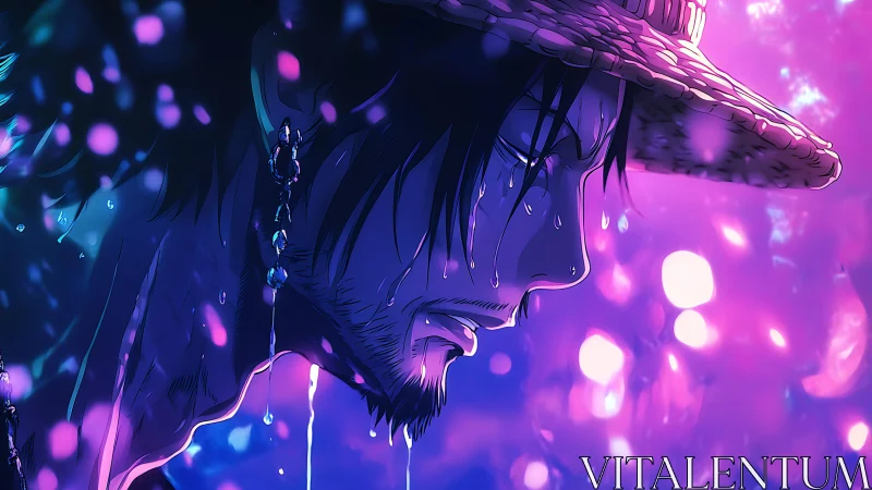 Somber anime swordsman under rainlit neon bokeh glow