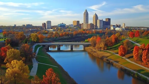 Urban skyline with river and autumn parkland in foreground.