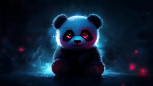 Starlit neon panda cub glowing in a dreamy cosmic mist.