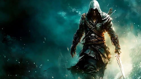 Hooded rogue strides through stormlit emerald battle haze.