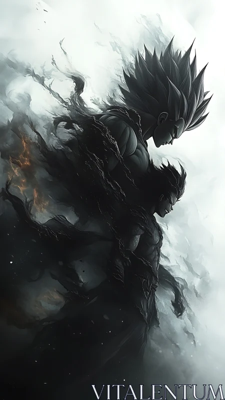 Twin shadow warriors rise from swirling storm and smoke