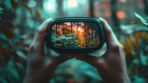 Hands hold a device framing a forest scene with backlit trees
