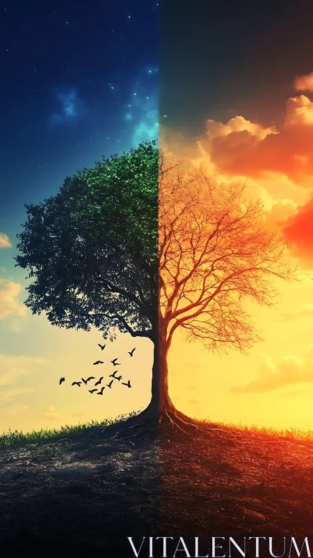 Digital painting of dual-season tree in split diurnal landscape.