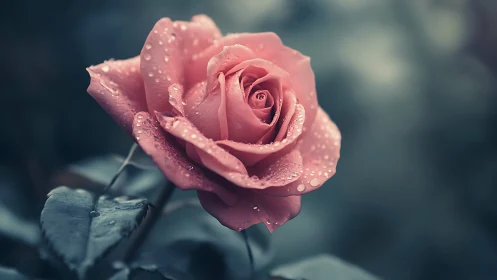 Pink rose with dew drops against soft blue background