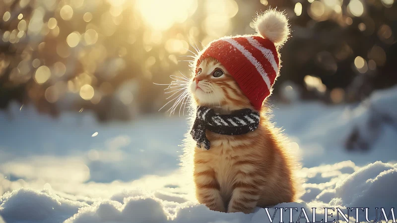 Feline in Winter Attire Positioned in Snow Environment