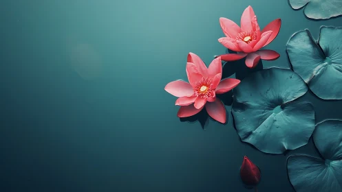 Pink lotus flowers floating on turquoise water pond.
