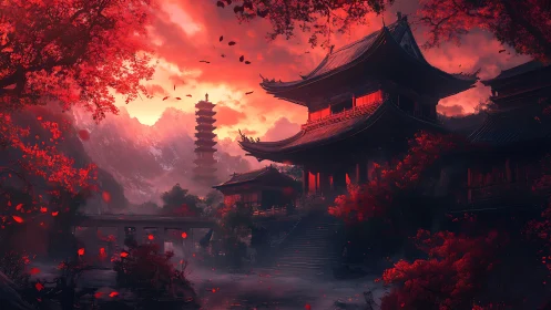 Temple complex under red sky with pagoda and mountains.