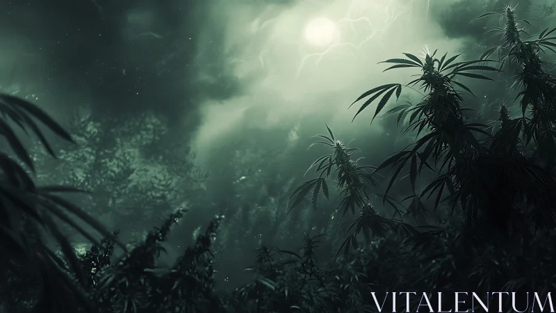 Moonlit dense foliage with silhouetted tall plants at night.