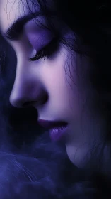 Violet-lit profile captures serene woman in dreamy haze.