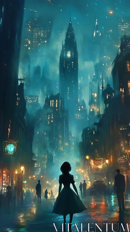 Silhouetted girl in misty neon city street at night.