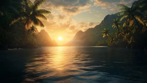 Tropical Fjord Valley at Golden Hour with Dramatic Mountain Backlighting
