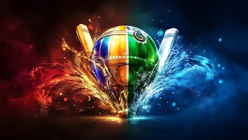 Bifurcated cricket helmet sphere in dynamic fire and water splash