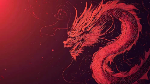 Fiery red dragon swirling through a glowing cosmic dusk sky.