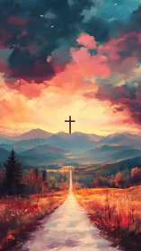 Sunlit mountain road leads toward distant cross in sky