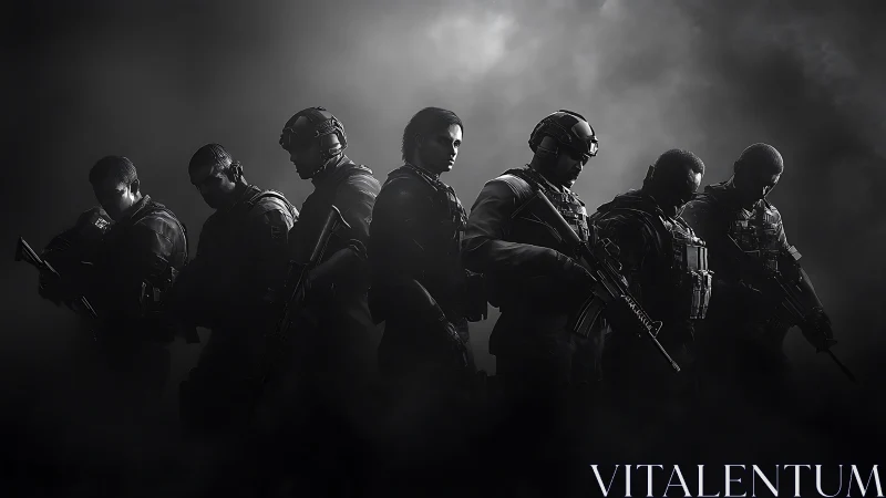 Monochrome tactical squad lineup in cinematic silhouette composition.