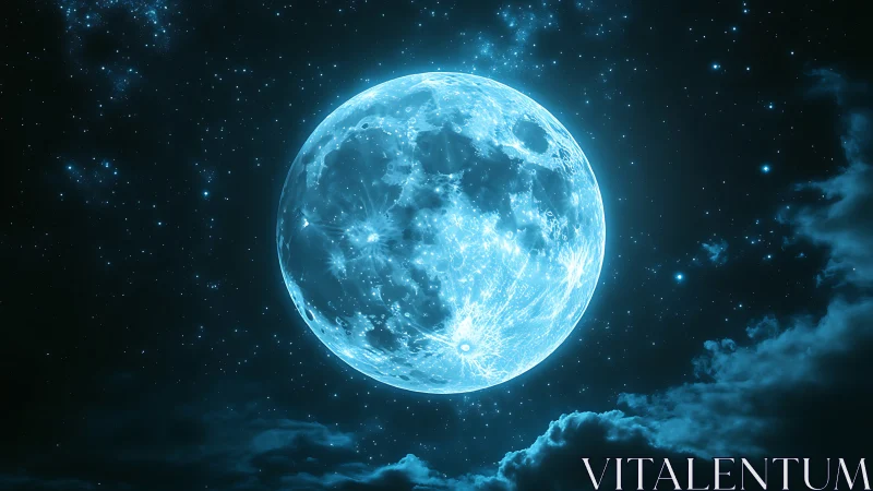 Luminous full moon glows in a crystal-clear cosmic night.