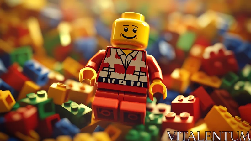 Smiling toy figure stands among colorful plastic bricks.