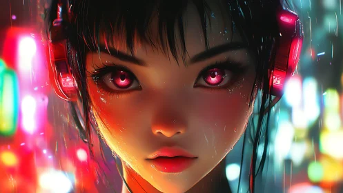 Neon rain dreamer with glowing eyes and midnight headphones.