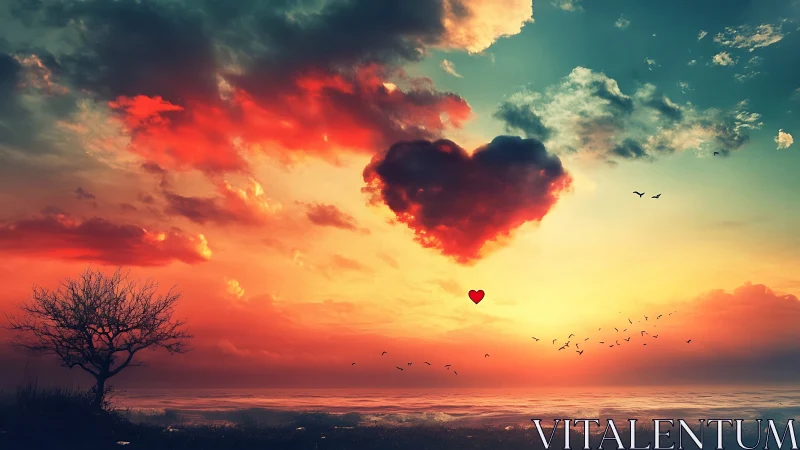 Heart-shaped cloud in vivid sunset sky.