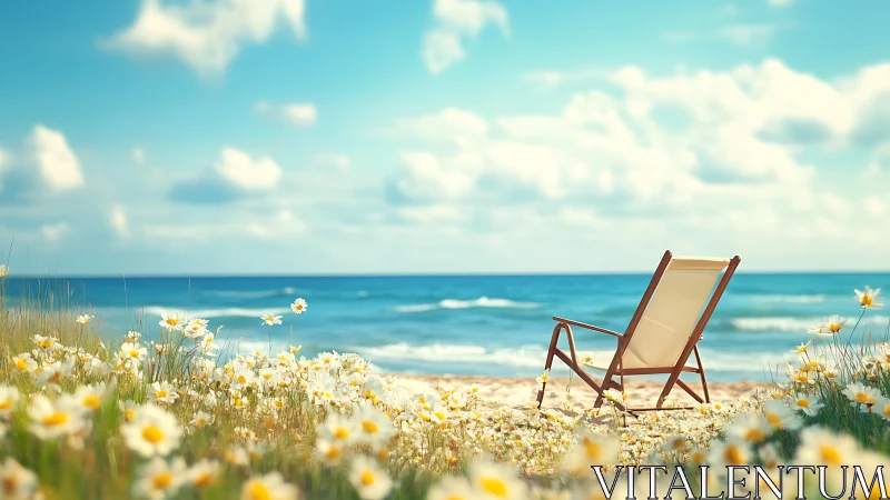 Deck chair faces calm ocean beyond foreground daisies
