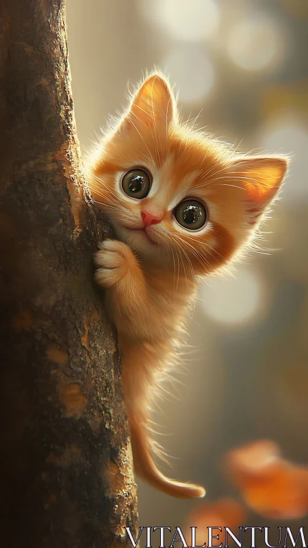 Curious Orange Kitten Peeking Around Weathered Bark.