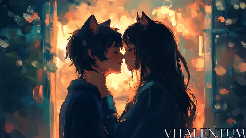 Backlit cat-eared lovers in bokeh-saturated digital dusk.