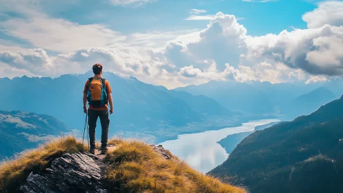 Solo hiker overlooks vast alpine lake under glowing clouds