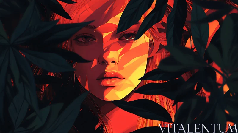 Female face framed by foliage in hard orange lighting