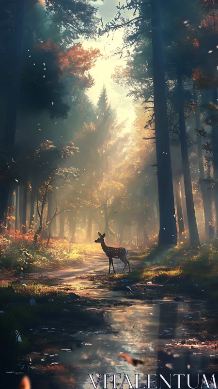 Soft morning light and a shy forest deer in quiet wonder.