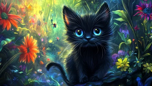 Black Cat with Blue Eyes in Luminous Flower Garden.