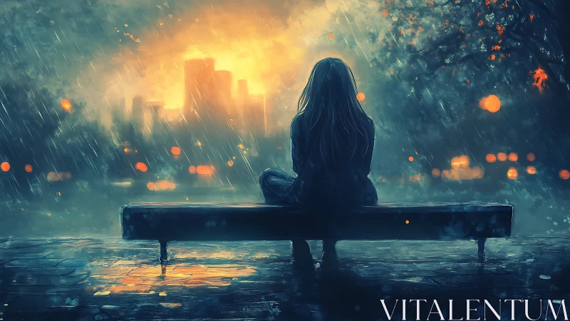 Solitary girl watches rainy city glow in twilight silence.