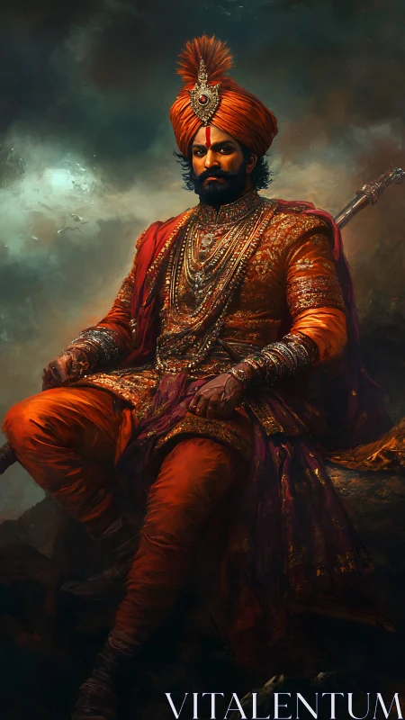 Regal warrior seated in jeweled saffron robes, stormy backdrop.